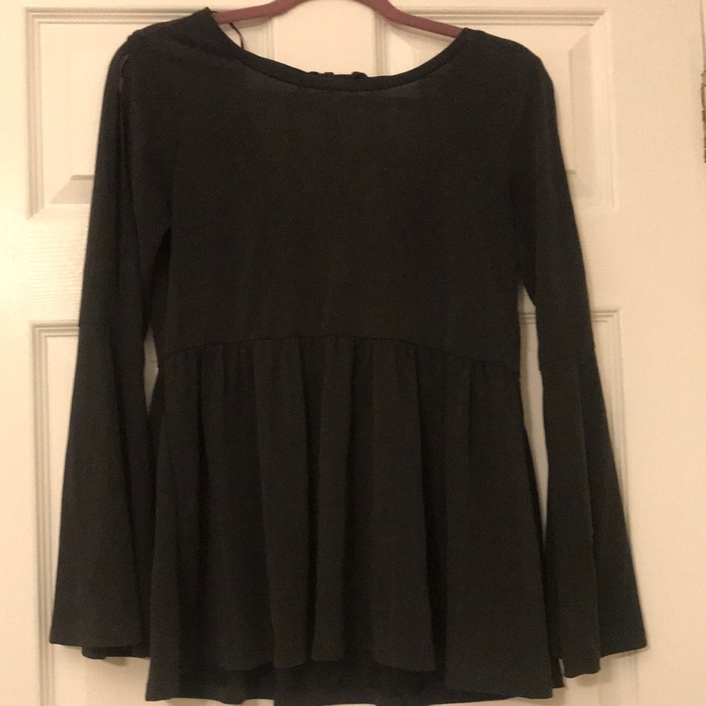 Dark gray long flouncy sleeves , v back